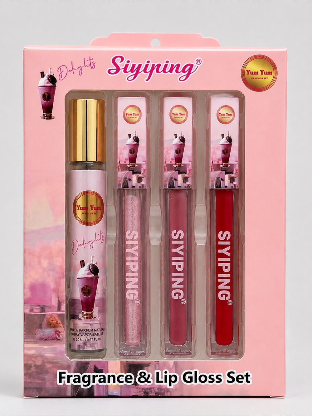 Siyiping Fragrance & Lip Gloss Set Pink Yum Yum Gift Set 4 Piece New